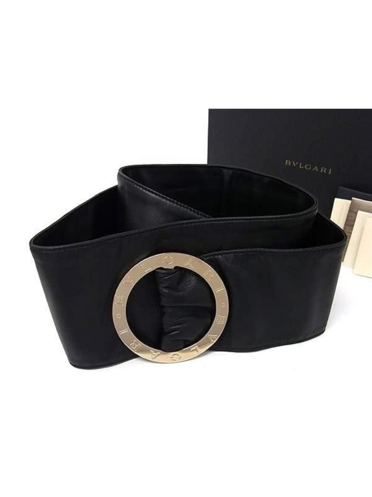 Bvlgari Belt Tango Wide Saddle Black Leather Circle Logo Buckle Gold
